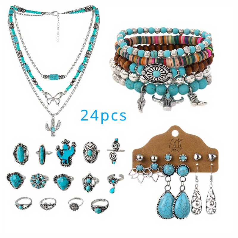 TEMU 24pcs Of Bohemian Style Turquoise, 1pc 3-layer Necklace+14 Turquoise Rings+5 Bracelets+6 Pairs Of Earrings, Women's Jewelry Set, Party Vacation, Accessories, Valentine's Day, Day Gifts