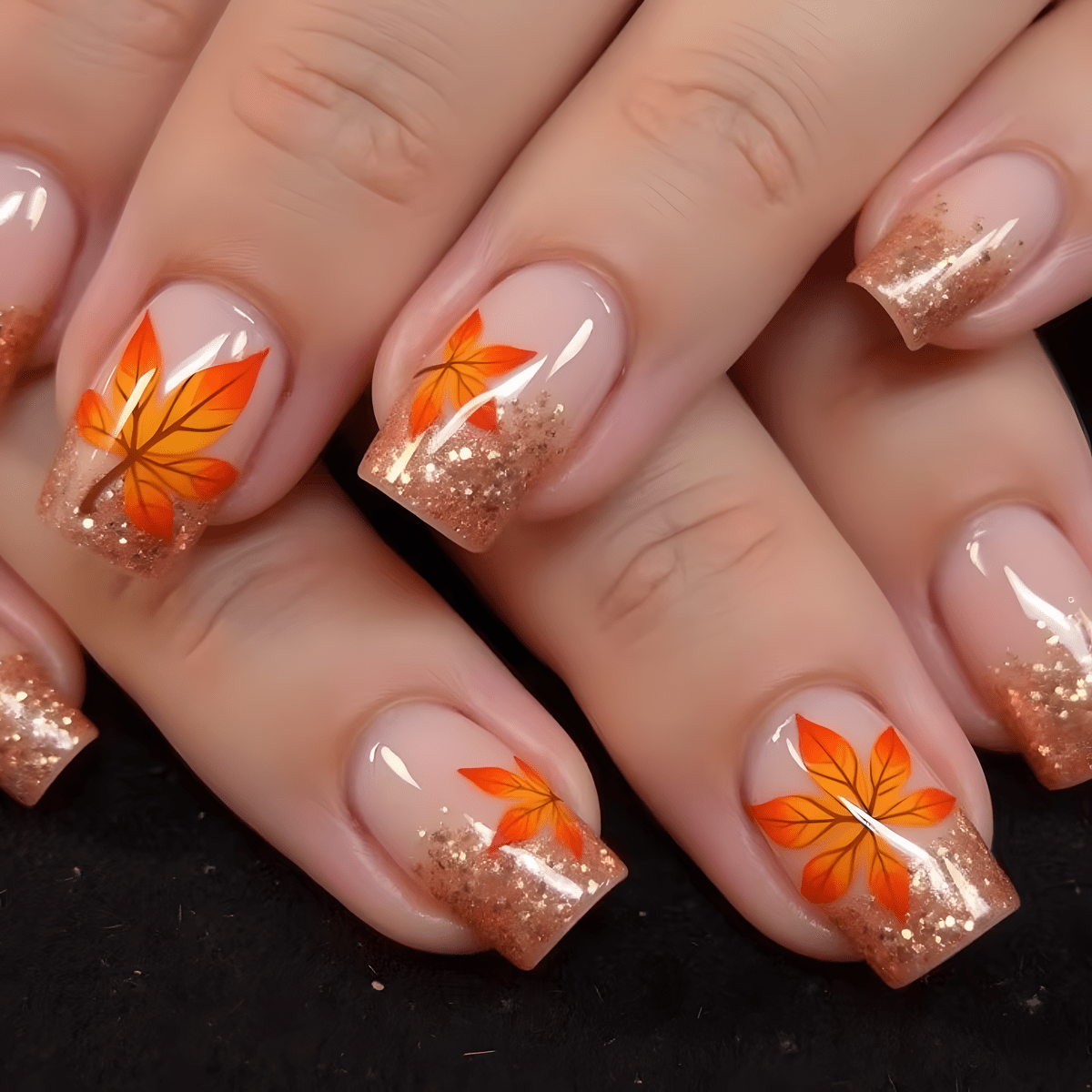 Image of 24pcs Fall Winter Elegant Thanksgiving Short Square Shape Press On Nails Kit Yellow,golden Glitter With Reddish--catching Fit Perfectly Fake Nails Kitfull Cover False Nails