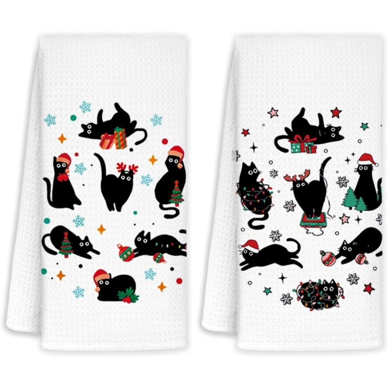 

2pcs Christmas Cat Towels Set, Design, Super Polyester Dish Cloths, , Machine Washable, For Kitchen & Bathroom Decor, Cat Lovers Holiday Decorations