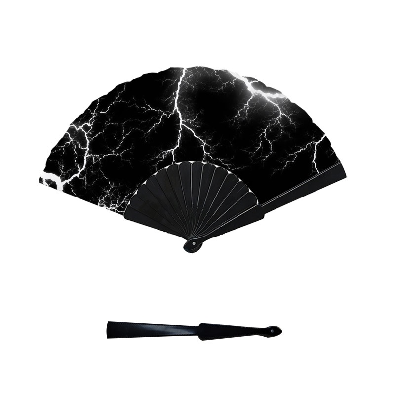 TEMU Ventilateur pliant plat 2D - 1pc Ventilateur pliant portable en plastique imprimé 2D à une face, fond noir avec motif de blanche dynamique