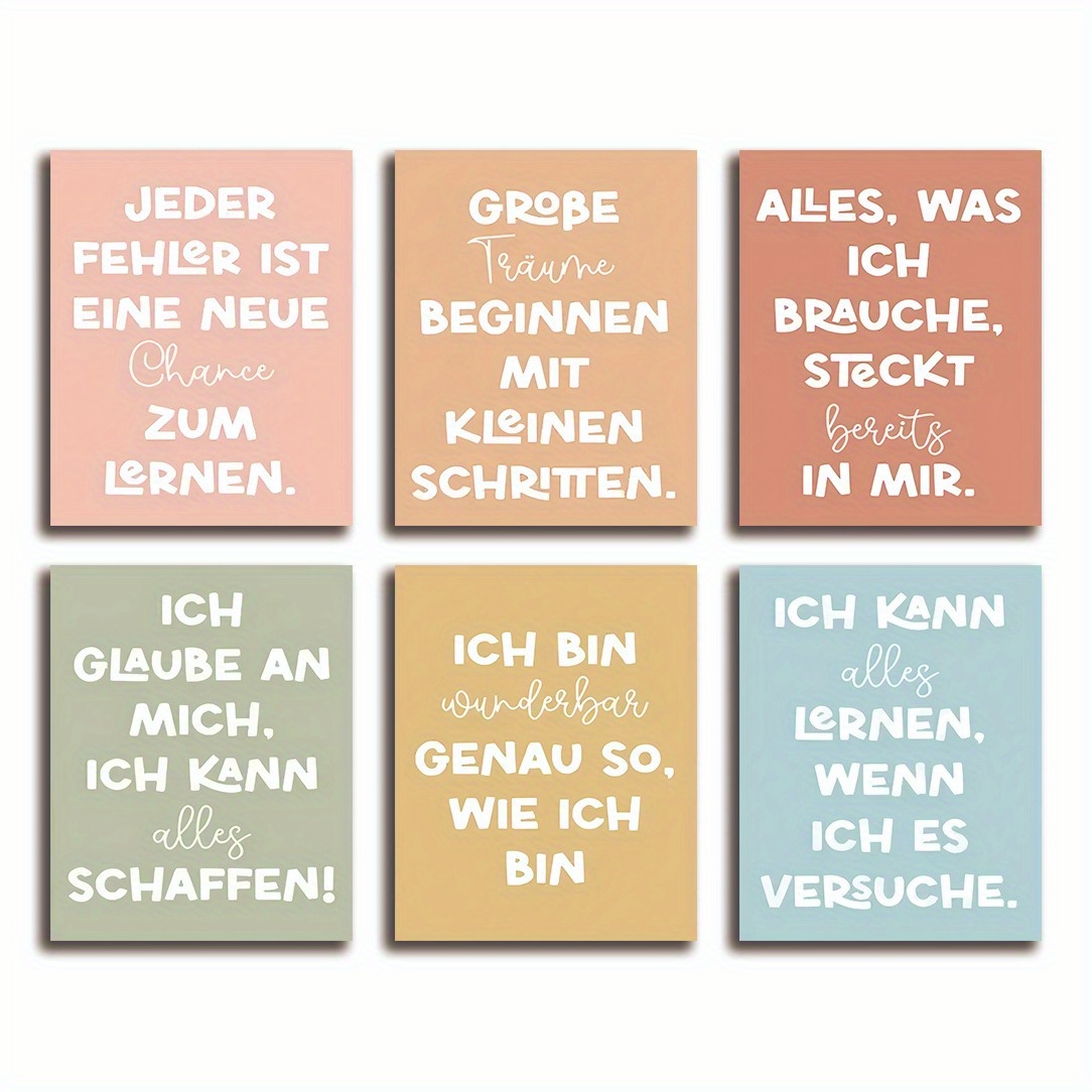TEMU 6 Stück Rahmenlose Motivationszitate Wandkunst Poster - 8x10 Zoll Inspirierende Deutsche & Englische Typografie Drucke mit Pastellhintergründen