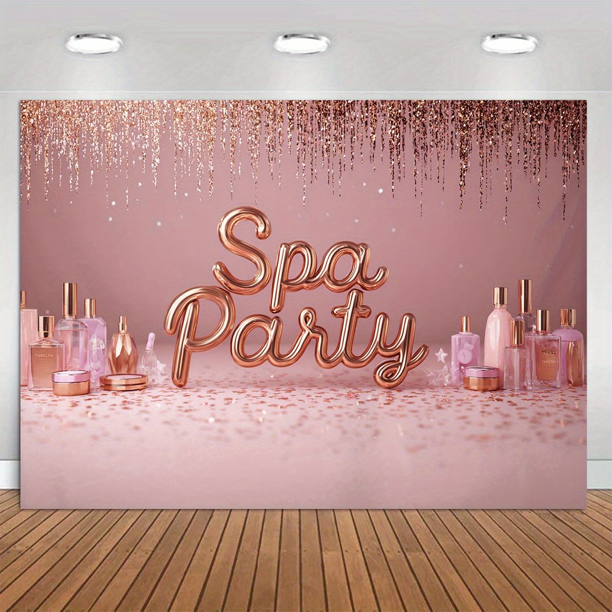 1pc spa party backdrop glittery pink floral   cosmetic bottles decorations self   background for birthday wedding anniversary corporate events no electricity needed easy setup luxury spa theme decoration spa party supplies luxurious   0