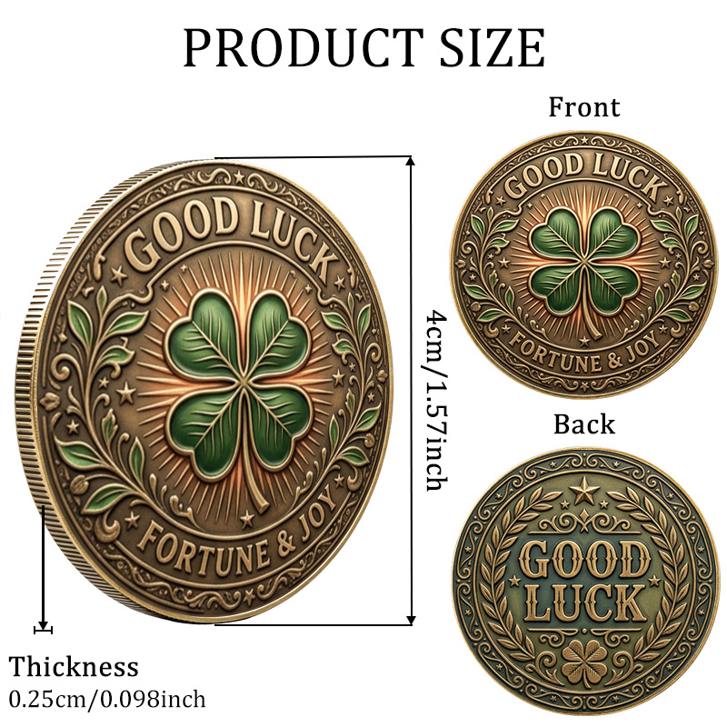 TEMU Vintage Themed Commemorative Medal, 1.57 Inch, Double Sided Pattern With Good Luck Text And Clover Motif, Vintage Aged Style, Exquisite Craft