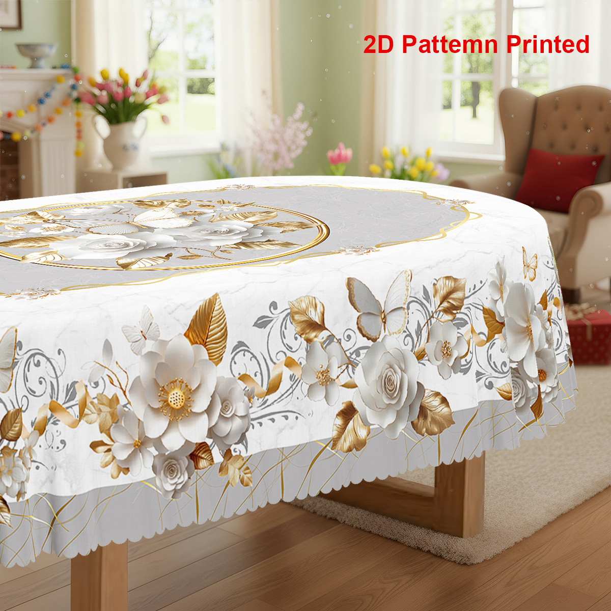 TEMU 1pc, Spring Summer Themed Party Tablecloth, Luxury Rose Floral Printed Design, Rectangular/round/oval Table Cloth, Embossed Edge, Suitable For