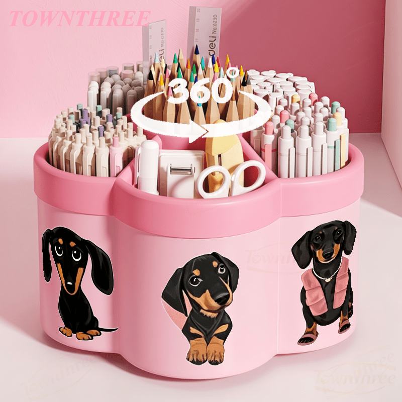 TEMU 1pc Rotatable Pen Holder And Cosmetic Organizer | Cute Dachshund 360° Rotating Convenient Desktop Storage Box | Large Capacity Portable Storage,