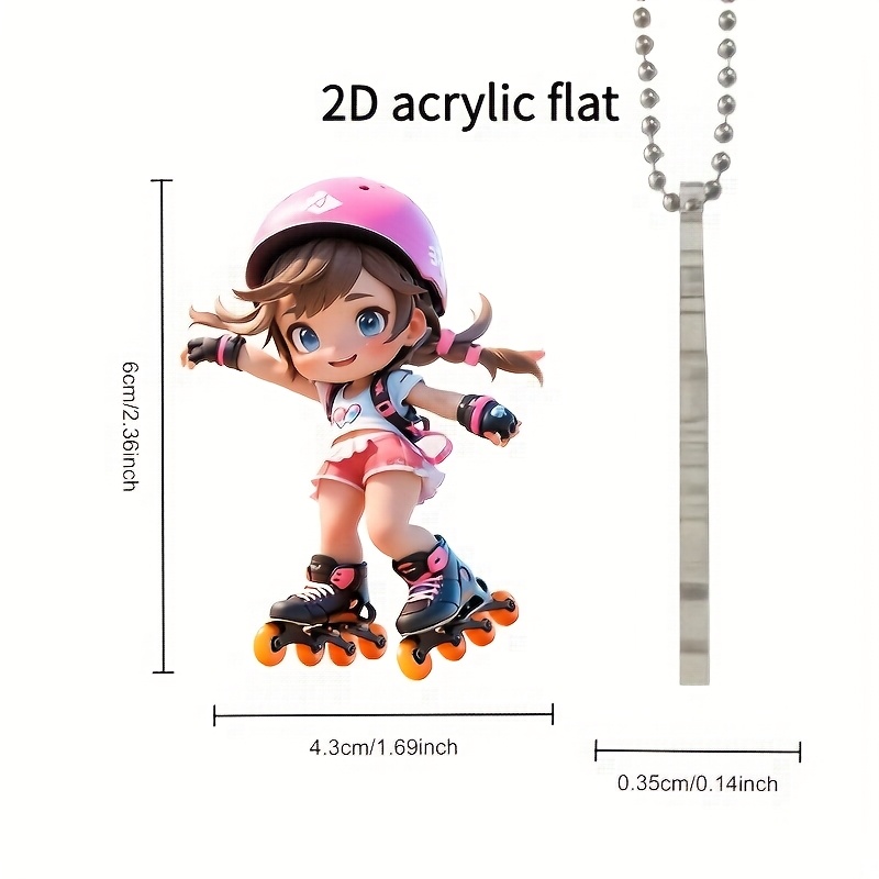 TEMU [2d Flat] [2d Flat] 1pc Of 2d Flat Car Hanging Ornament, An Acrylic Pendant Featuring A Roller Skating Girl, A 2d Ice Skating Themed Charm,