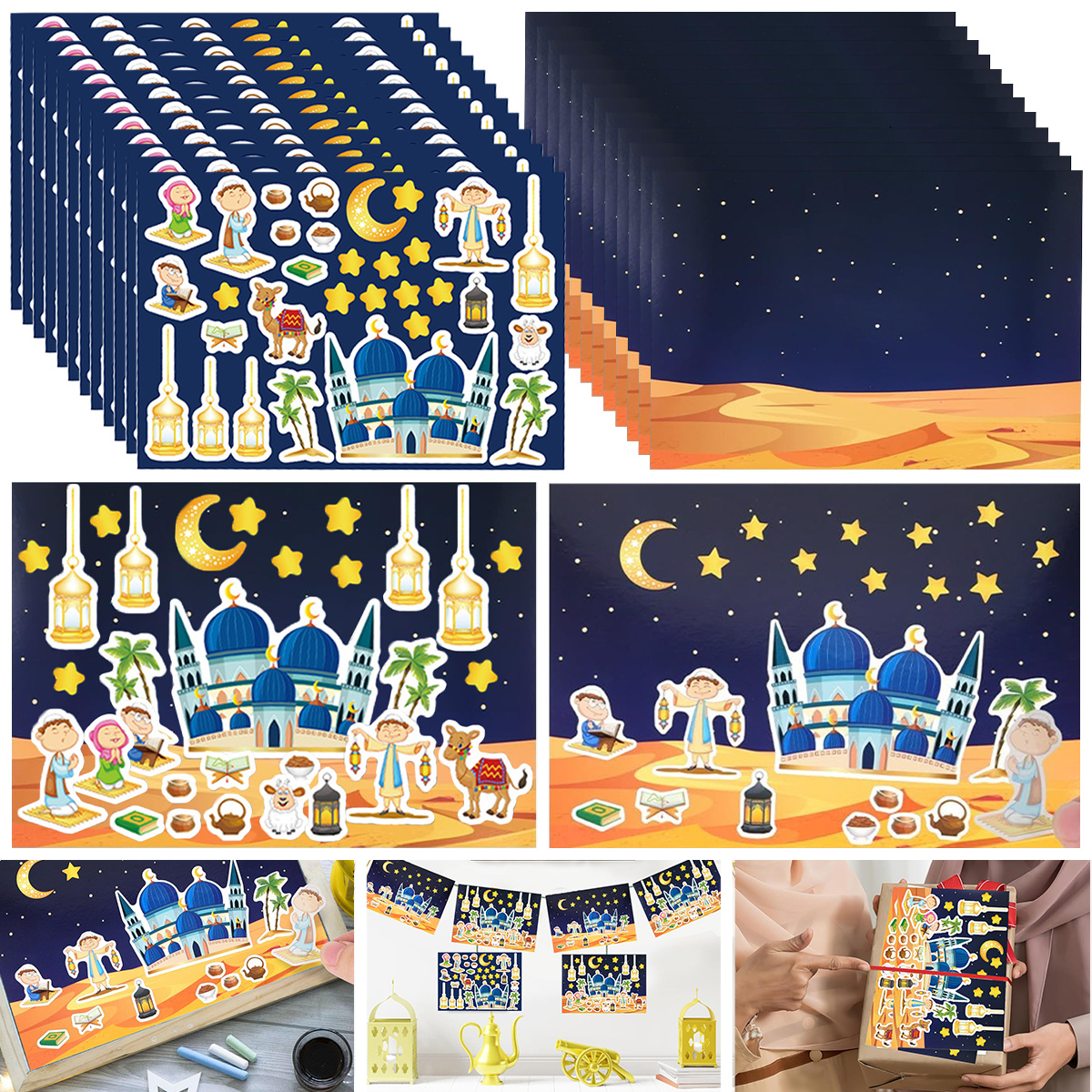 

24-pack Diy Craft Kits, Ramadan Stickers, Paper Gift Tag Labels For Custom Eid Al-fitr Scene Decoration, No Battery Required