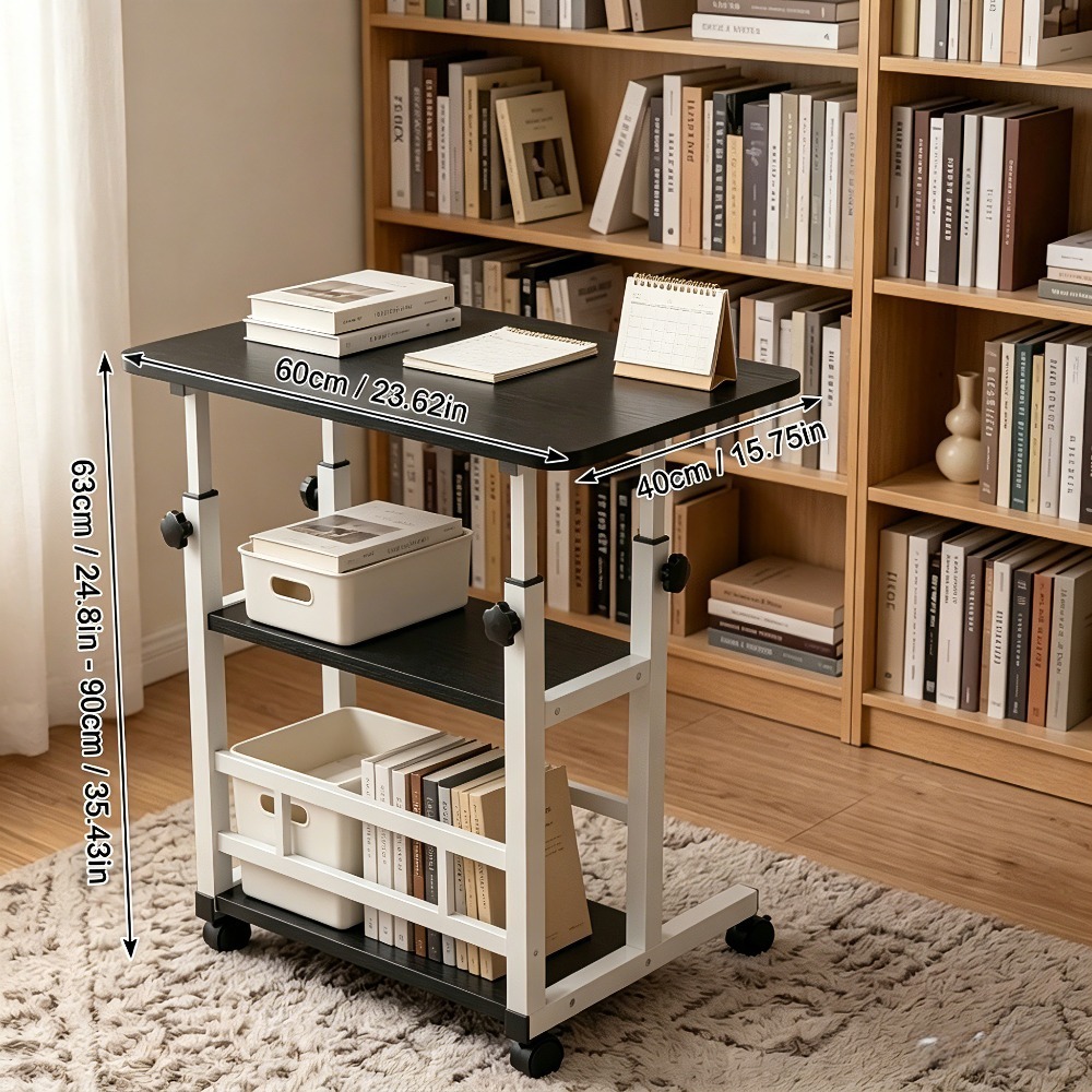 Height Adjustable Computer Desk with Storage Shelf and Wheels, Mobile Rolling Desk for Home Office, Small Space Study Workstation Desk