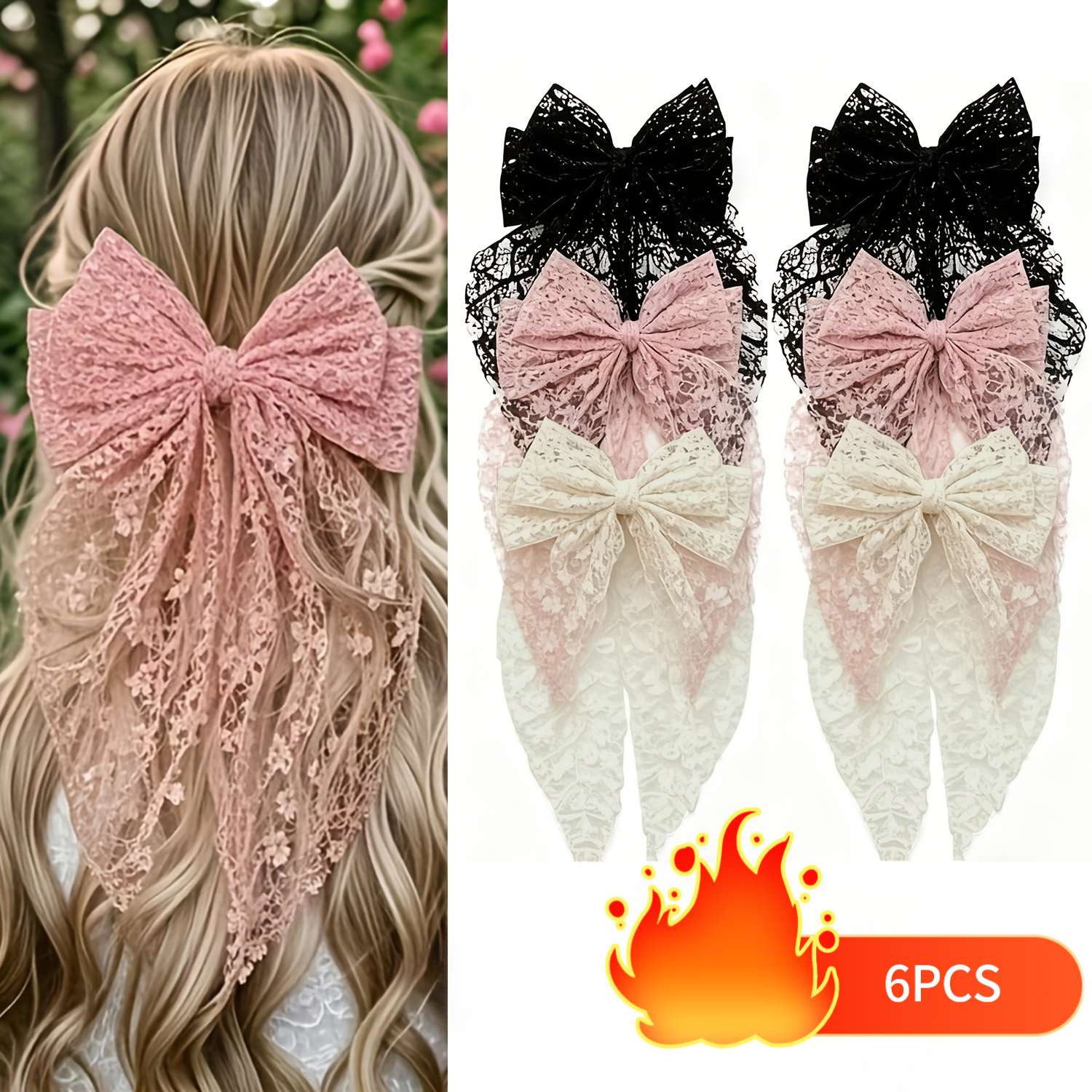 TEMU 6 Elegant Lace Bow Hair Clips- Exquisite Lace Bow Hairpins, Suitable For Weddings, Parties, And Daily Hairstyles, Perfect For Braids, Ponytails,