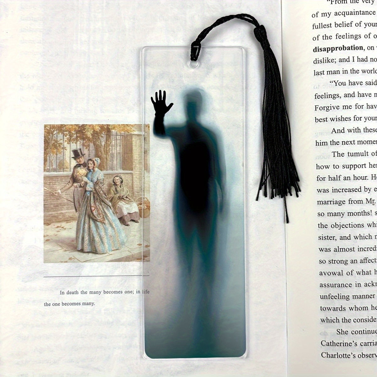 TEMU 1 Stück Transparente Acryl-Lesezeichen-Set mit abstraktem Buchseiten-Ausschnitt & schwarzer Quaste – Klare, langlebige Lektürehilfe für