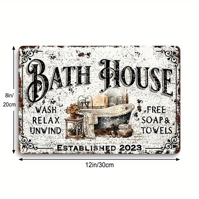 TEMU Vintage Tin Sign - Rustic Metal Wall Decor With Design, Free Soap & Towels Advertisement, Distressed White Background, Spa And Bathroom, 8x12 Inches, Bathroom Decor, 2d Flat