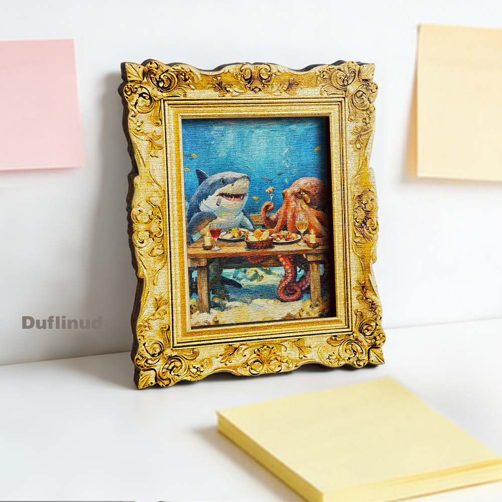 TEMU 1pc Wooden Fun Shark Octopus Dining Fridge Magnet, Wooden Mini Decorative Painting, Precious Painting, Cute Underwater Picnic Scene, Wooden