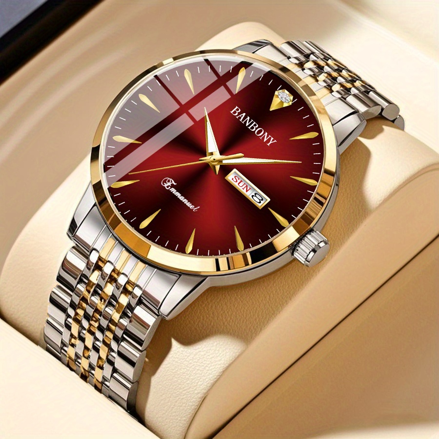 TEMU New Banbony Unisex Stainless Steel Quartz Watch With Accents, Water-resistant Ipx7, Sleek Hd Dial, Date Display, Golden-tone Finish - Ideal For Casual Wear, Parties, And Gifts
