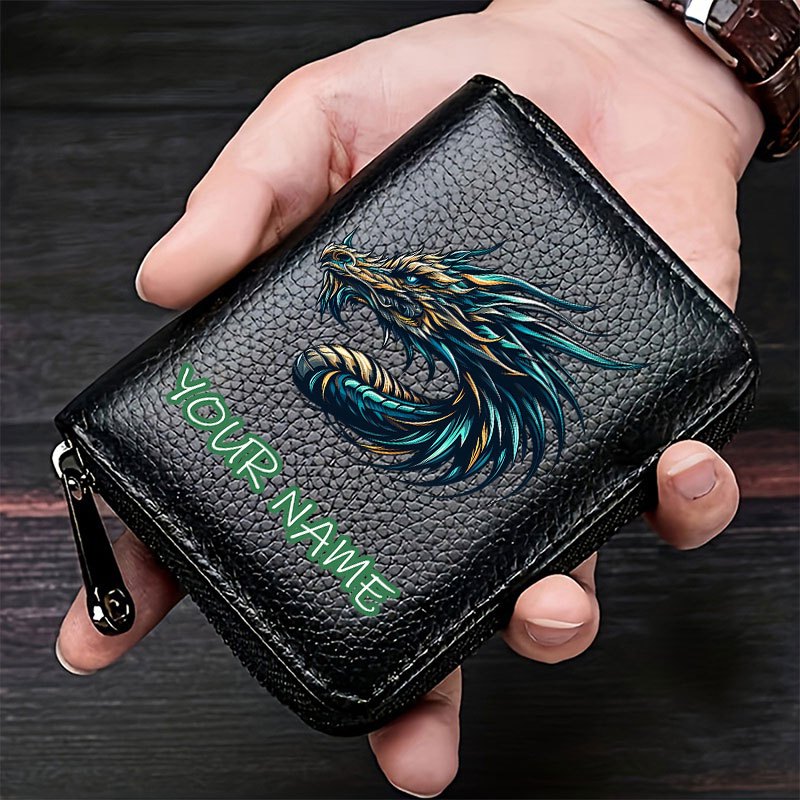 TEMU 1pc Customizable Dragon Print Lychee-patterned Card Bag, Personalized Name Zipper Wallet, Compact Credit Card Holder, Coin Purse For Men
