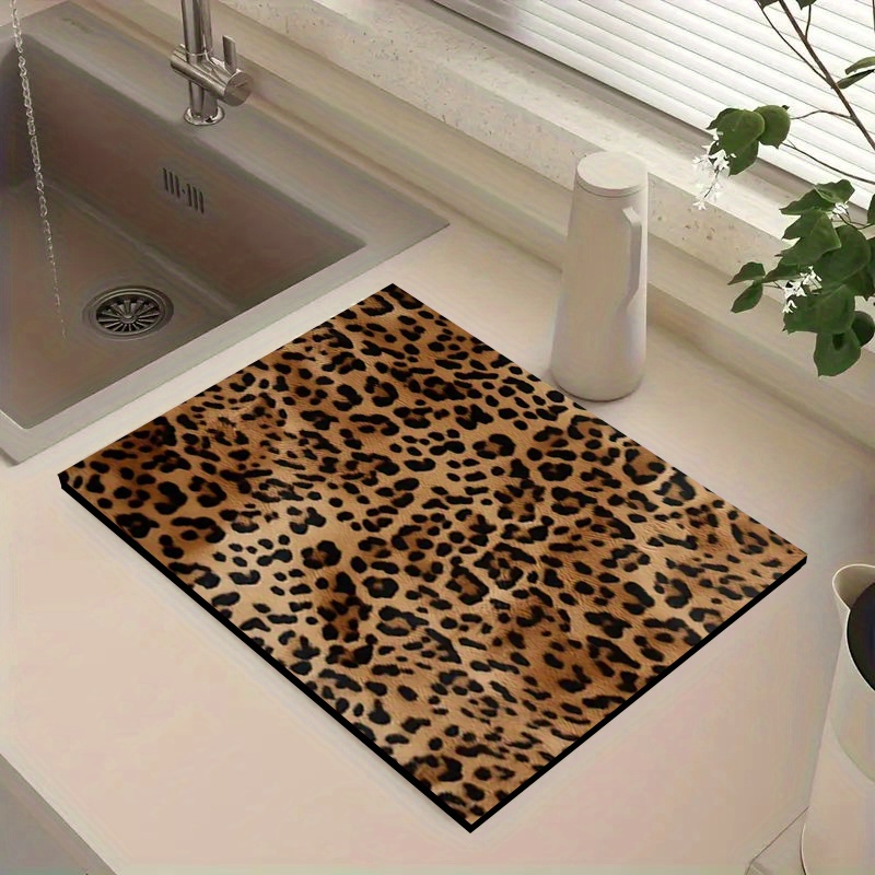 TEMU 1pc, Fashionable Leopard Print Absorbent Placemat, Dish Drying Mat, High-quality Non-slip Rubber Base, Suitable For Dining Tables, Stoves, And ,