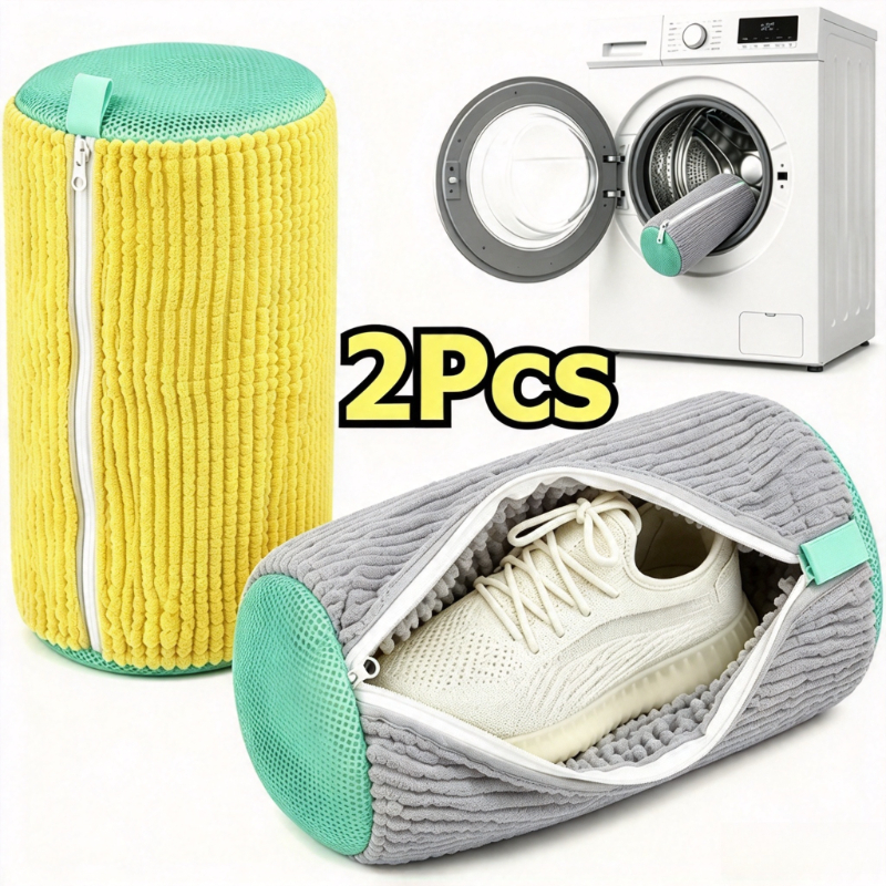 TEMU 2pcs Shoe Washing Bag For Washing Machine, Fluffy Fiber Maintains 360° Cleaning, Durable Zipper Reusable Bag, Oval Protective Laundry Bag For