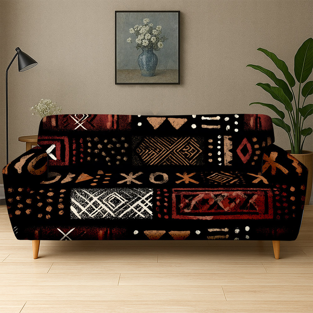 TEMU 1pc Black, Red, Brown, White Ethnic Tribe Pattern Printed Sofa Cover, Suitable For 1 To 4 Person Seating Sofas, Applicable For Bedroom, Living