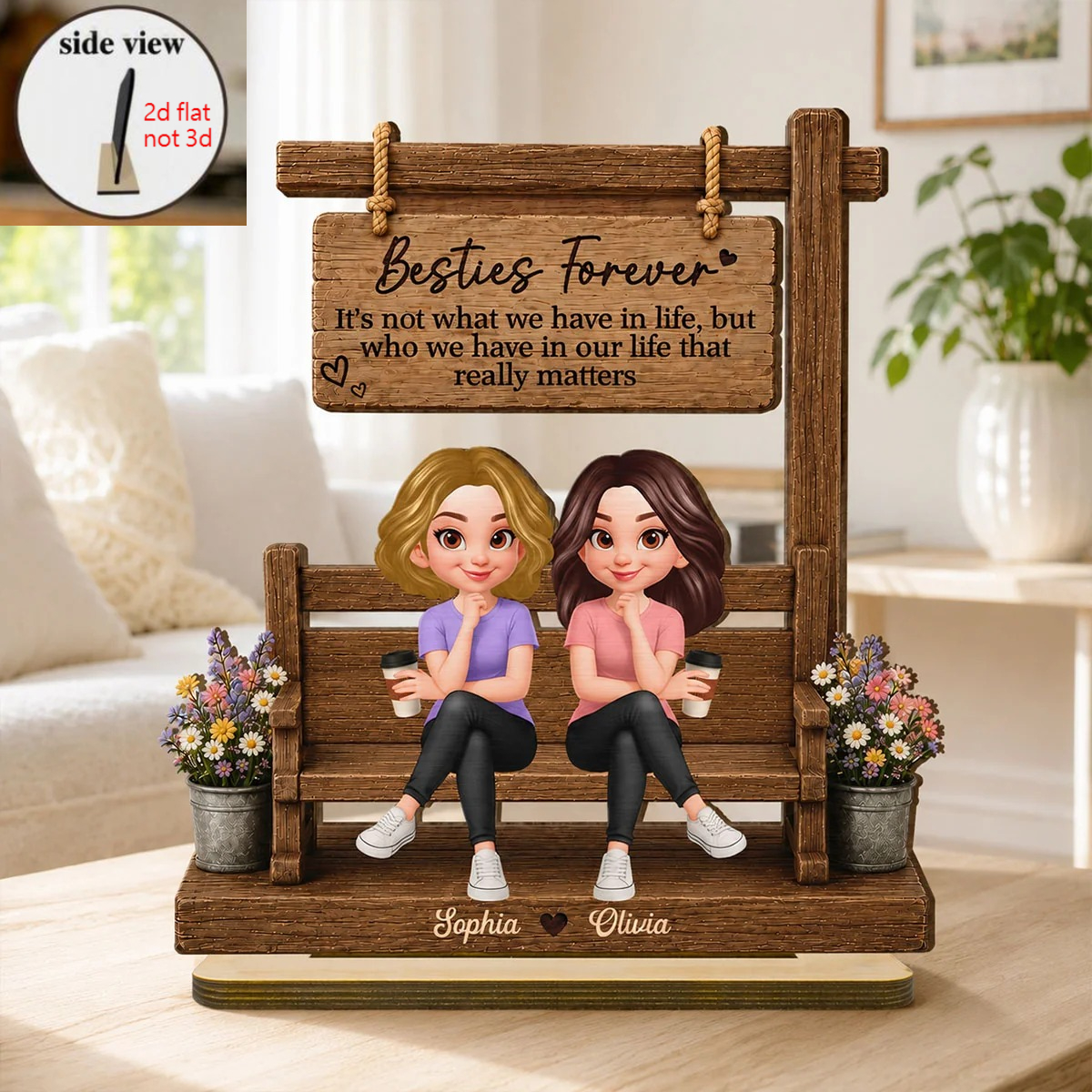 TEMU 2d Flat, Sitting Post 2d Flat - Personalized Wooden Plaque - Friendship Keepsake, 2d Flat