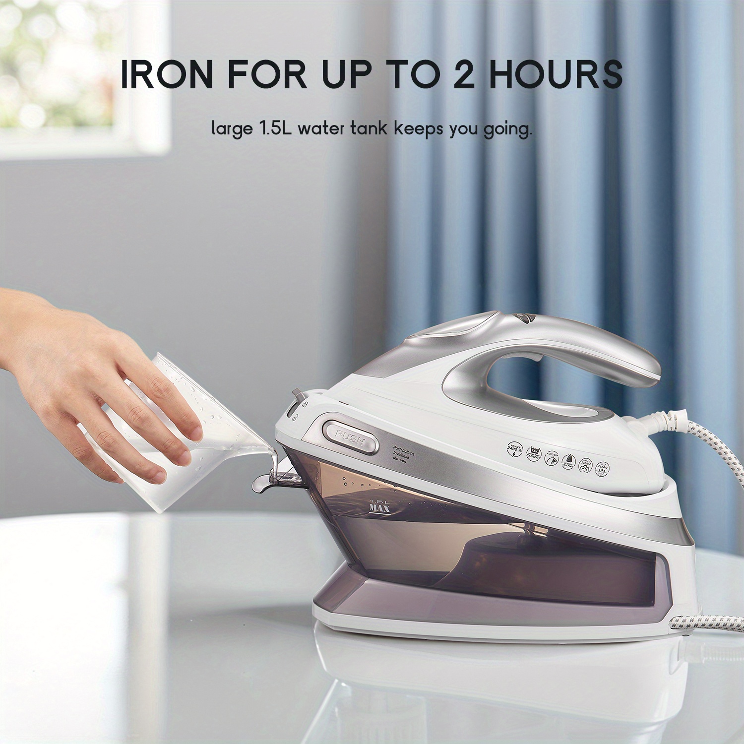 Stoomstation Strijkijzer met 5.5 Bar Druk, 1.5L Watertank, Keramische Zoolplaat, Anti-Kalkfunctie, Verticaal Stomen, Drie Temperatuurinstellingen, Snoeropslag en 2400W Vermogen. Verkrijgbaar in Lichtpaars