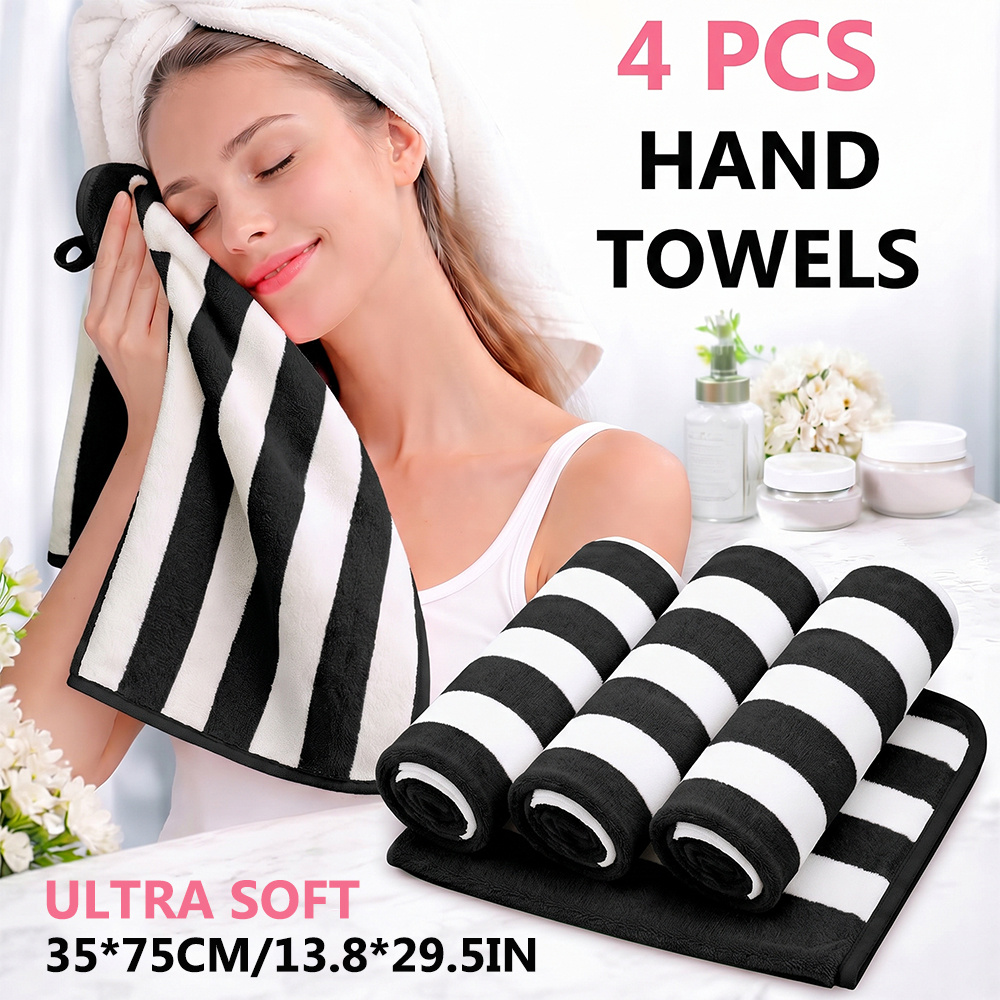 TEMU 4pcs Striped Hand Towels, Fluffy And Soft, Highly Absorbent, Coral Fleece Material, 35 X 75cm/13.8 X 29.5in, Family Set, Reusable, , Gift For ,
