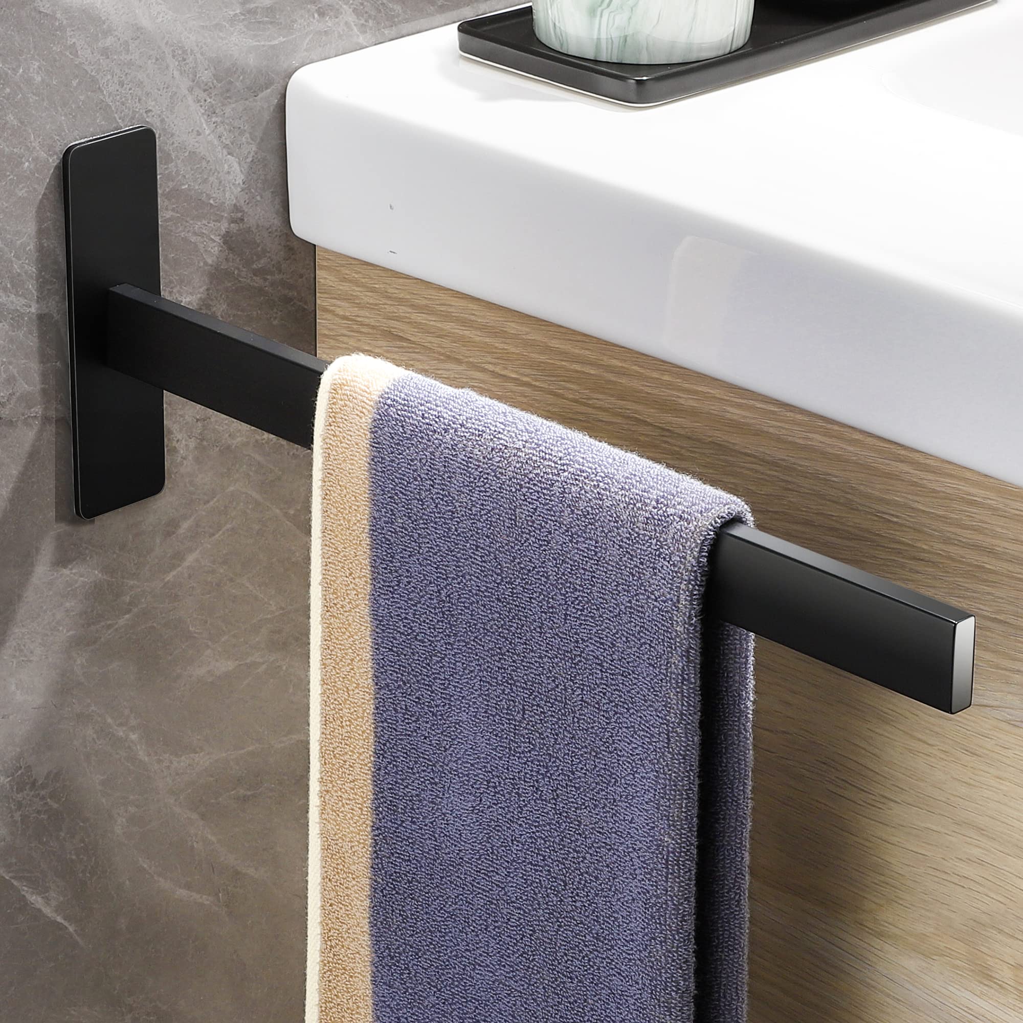 Image of Black Towel Rail Without Drilling, Single Arm Self-adhesive Towel Bar, Square Towel Holder, Matte Stainless Steel Wall-mounted Bath Towel Holder For Bathroom And Kitchen, 38cm
