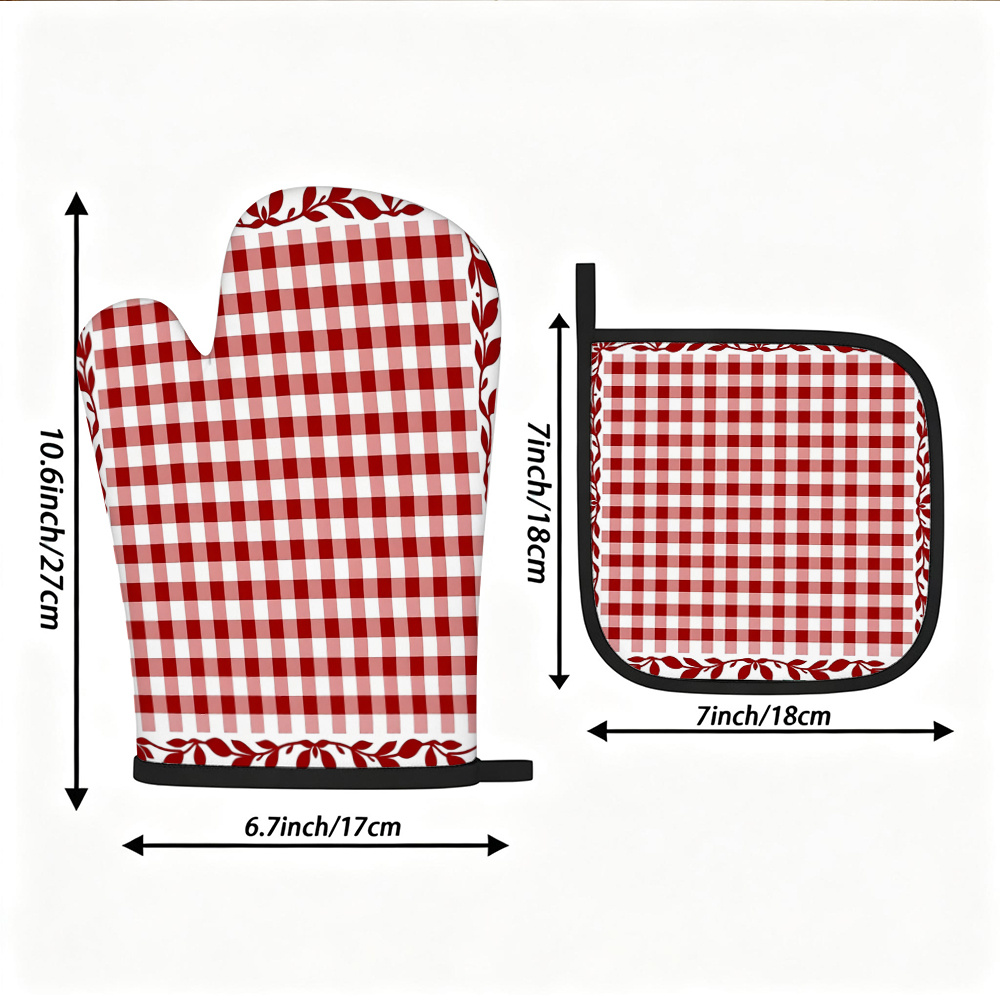 TEMU 1 Ensemble de 2 maniques et étendoirs à four à carreaux rouges et , ornés d'une décoration de feuilles de rouges, associés à des cannelures