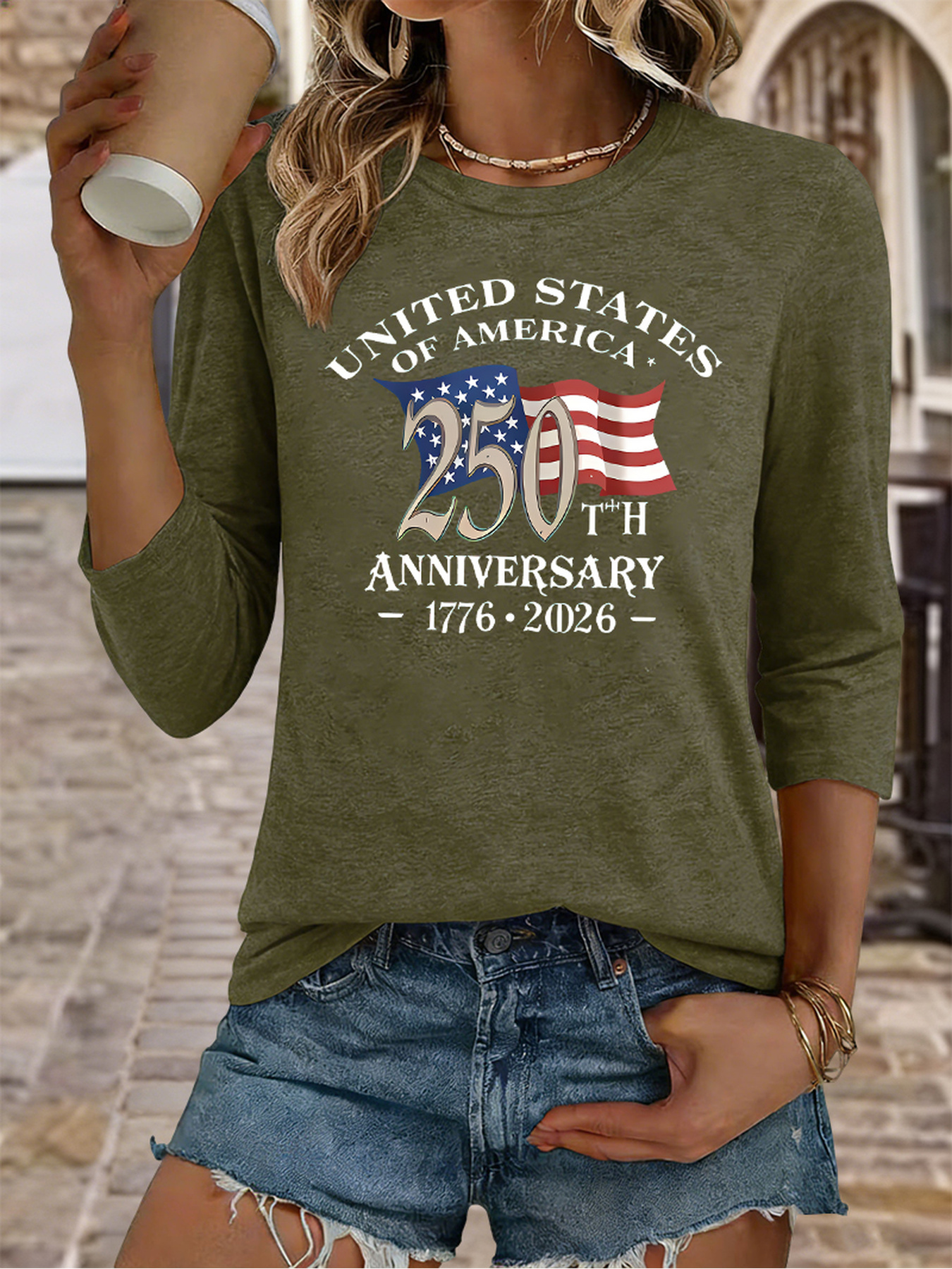womens usa 250th anniversary t shirt 1776 2026 soft breathable 3 4 sleeve crew neck top with   american flag   relaxed fit suitable for   july celebrations year round wear