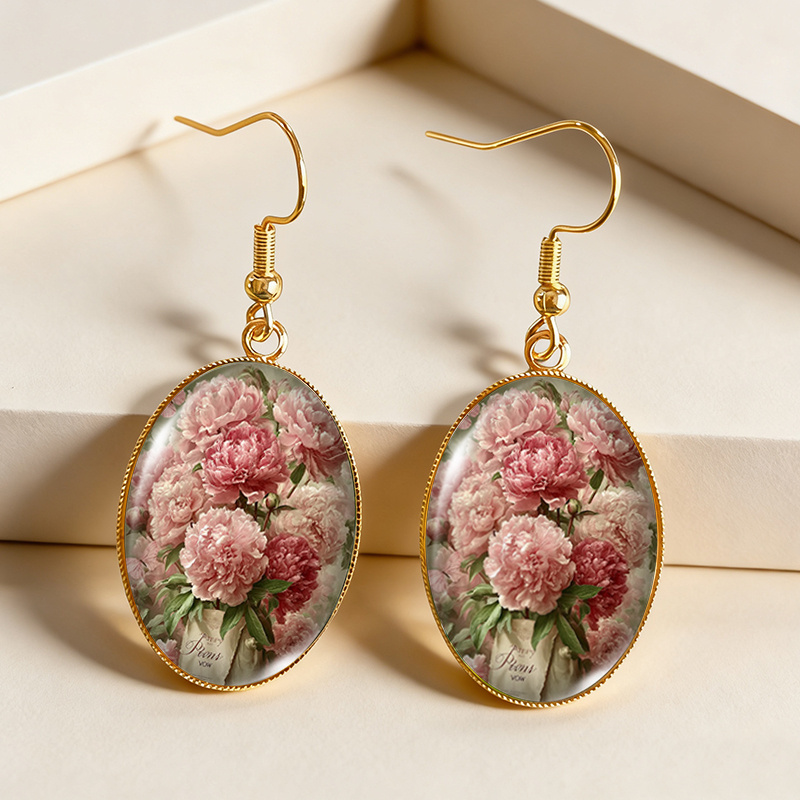 TEMU 1 Pair Peony Bouquet Earrings Golden Oval Dangle Earrings Dome Jewelry, Without Battery