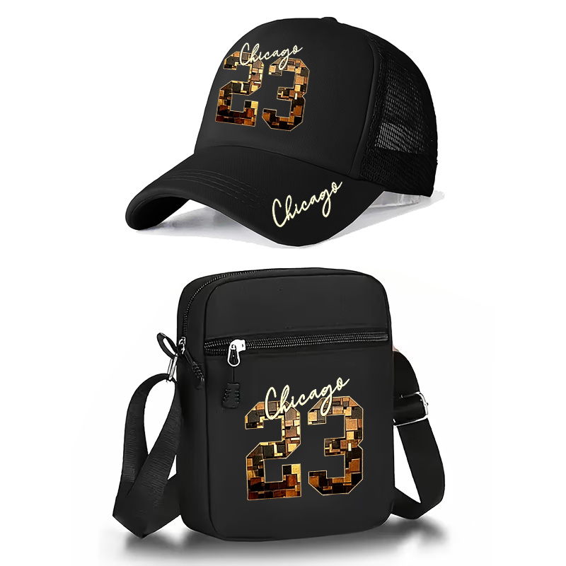 TEMU Chicago 23 2 piezas Gorra de béisbol con estampado de y números y bolso bandolera/ Adecuado para hombres y mujeres/ Correa ajustable/ Lavable a