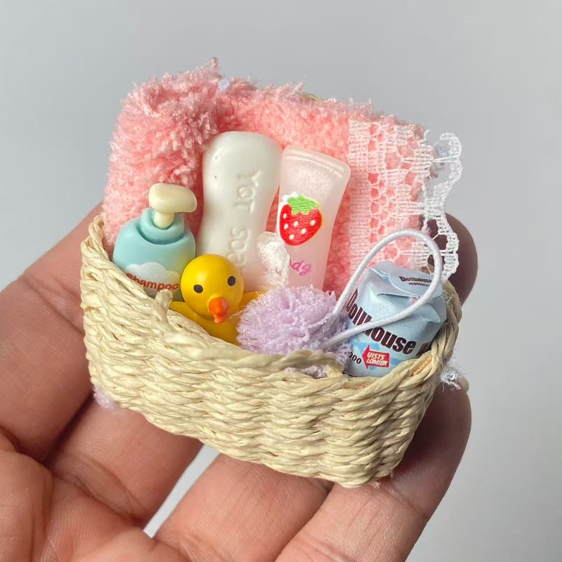 TEMU 1 Set Of Miniature Dollhouse Bathroom Ornament Set, Including Towel, Loofah, And Soap Model Combination Set. Dollhouse Model Ornament, Small