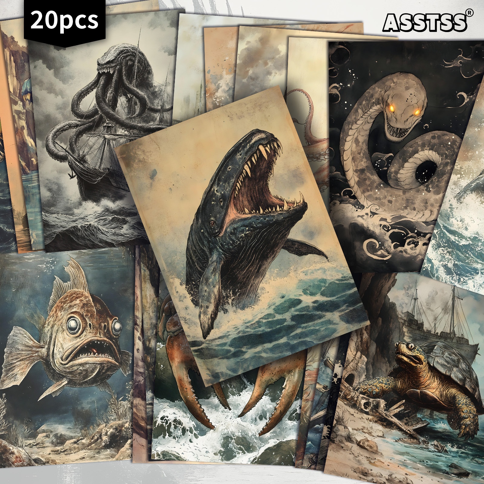 TEMU Lot de 20 cartes postales ASSTSS Vintage Été Océan Marin - 4X6 pouces Rétro Junk Journal Supplies, Illustrations Cartes de Peinture Décoratives