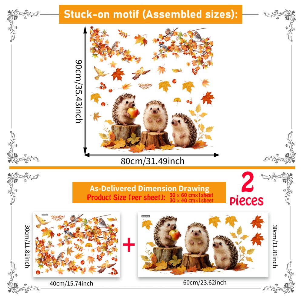TEMU A Set Of 2 (30 * 60cm + 30 * 40cm) Cute Autumn Hedgehog Animal Window Stickers, Maple Berry Glass Decorative Stickers D18745 + Dj7542-kr