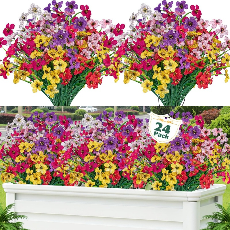 Image of 24pcs Artificial Flowers For Outdoor, Plastic Flower Decorations, Uv Resistant Faux Flower Shrubs, Artificial Plants For Indoor Outside Garden Home Wedding Farmhouse (6 Colors)