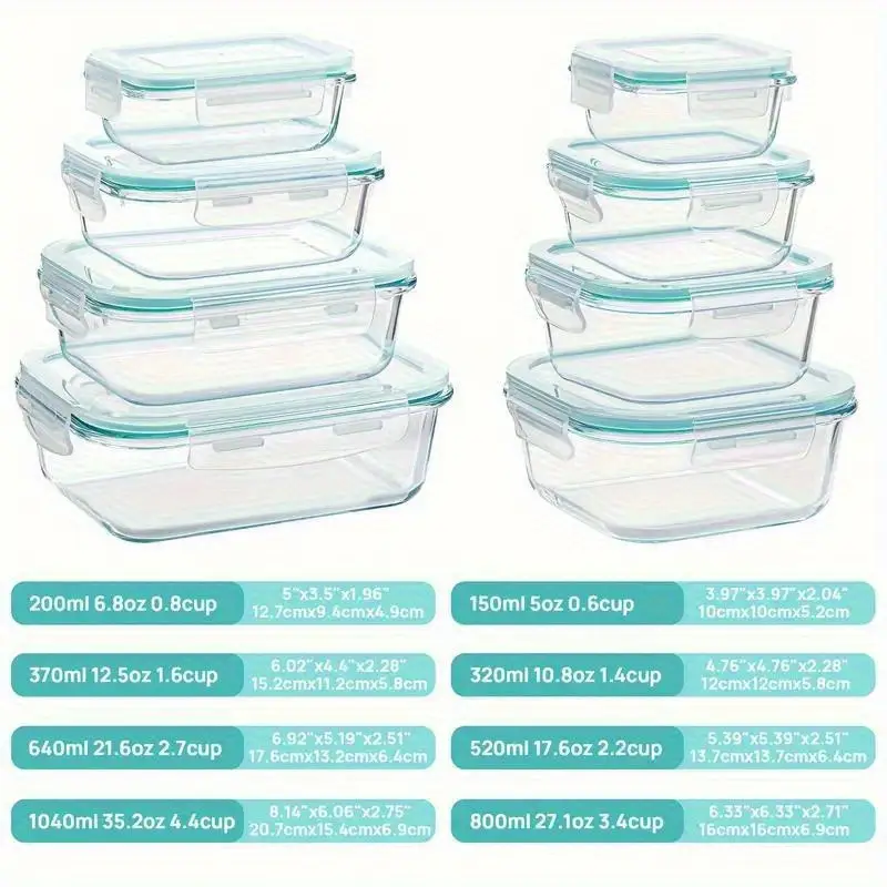 16pcs large capacity glass container set insulated lunch box lunch box leak proof bento box with locking lid food dish transport bus tubs microwave oven refrigerator safe home kitchen restaurant storage Product details 1
