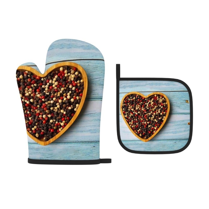 2pcs 26.92*17.02 cm heat resistant oven mitts and potholders heart-shaped molds on a wooden board   oven mitts and pot holders suitable for kitchen decoration, cooking, grilling, baking and great holiday gift ze details 0