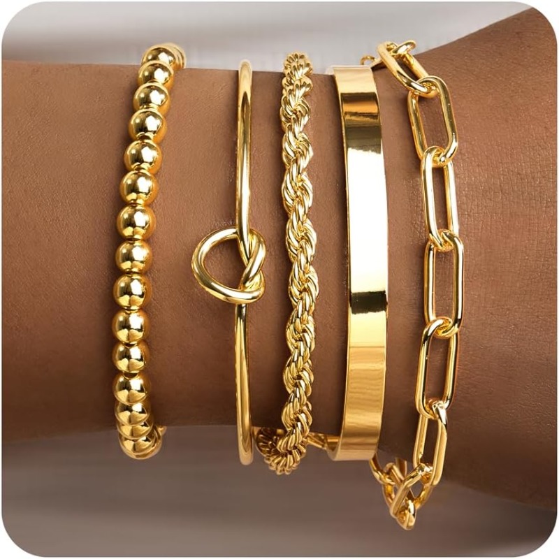 TEMU 14k Gold Plated Women's Thick Cuban Rope Bracelet - Bohemian Beads & Knot, Anti-tarnish Suitable For Sensitive, Stackable Durable Jewelry Gift