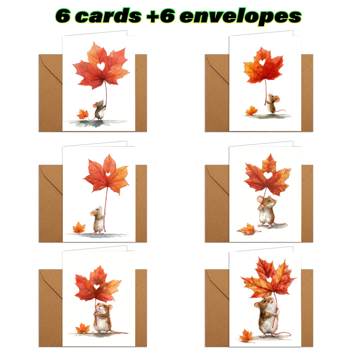 TEMU 12pcs Cartes de Saint-Valentin/Anniversaire de Mariage Adaptées aux Souris, Feuille d'Érable, Design Cœur - Inclut une Enveloppe Pliée de