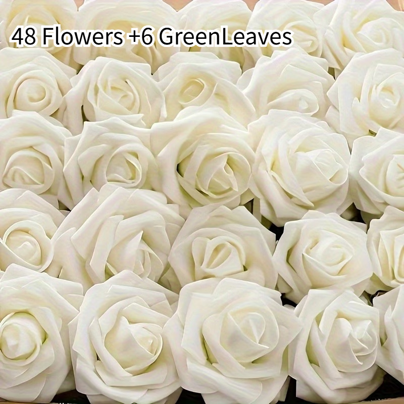 TEMU 54pcs Artificial Ivory Roses 48 Flowers And 6 Leaves, Realistic Wedding Bouquet Valentine Mother Halloween Christmas Garden Home Decor