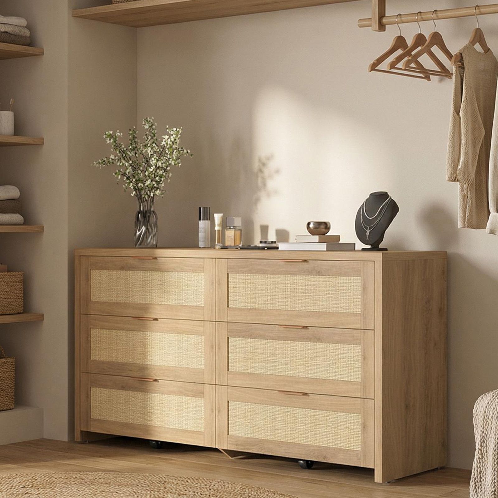hall storage cabinet 56 boho rattan dresser in oak with 6   drawers golden handles and casters for   perfect tv stand for bedroom living room entryway durable storage cabinet for bedroom living room or entryway home