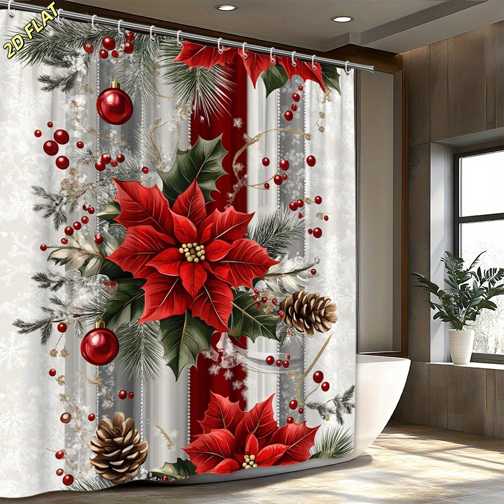TEMU 2d Flat, 2d Flat, 1pc, Poinsettia Christmas Ball 2d Printed Shower Curtain. 70 X 70 Inches, Christmas Decoration, Bathroom Shower Curtain,