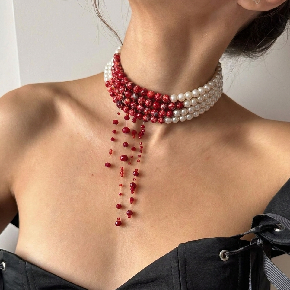 TEMU 1 pièce de cou ras du cou large multicouches à 4 rangées de perles rouges pour femme avec pompons à franges rouges, style gothique , pour les