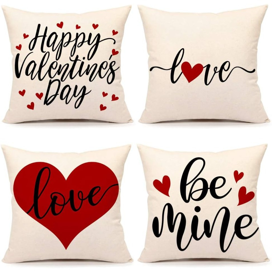 

Happy Valentine's Day 4pcs Throw Pillow Cover Set - Red , , Zip Closure, Machine Washable - Sofa & Home Decor