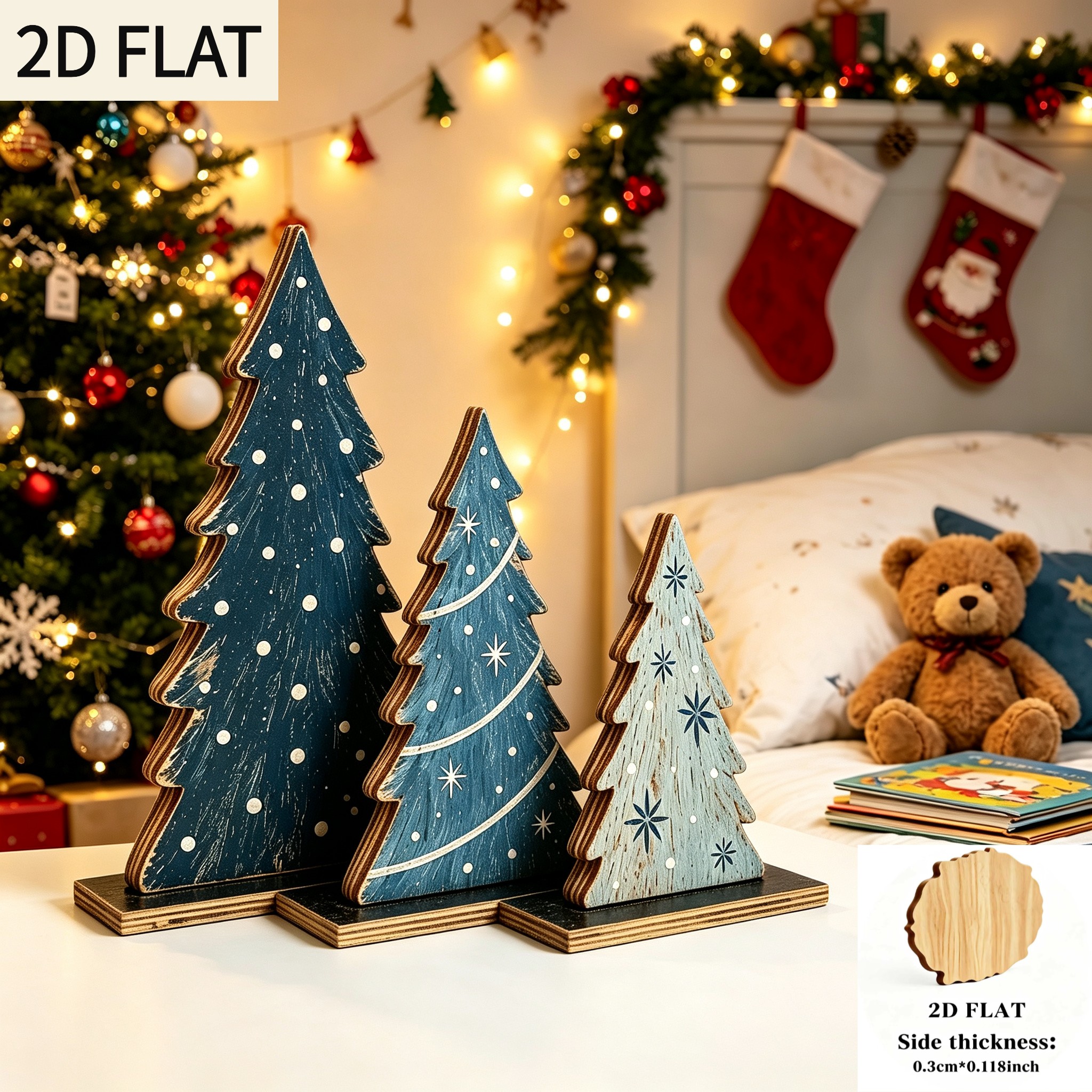 TEMU 2d Flat, 3pcs Set Of Country Style Wooden Tray Decor - Gradient Navy Blue And Distressed Snowflake Pine Branch Pendant, Classic Farmhouse Style