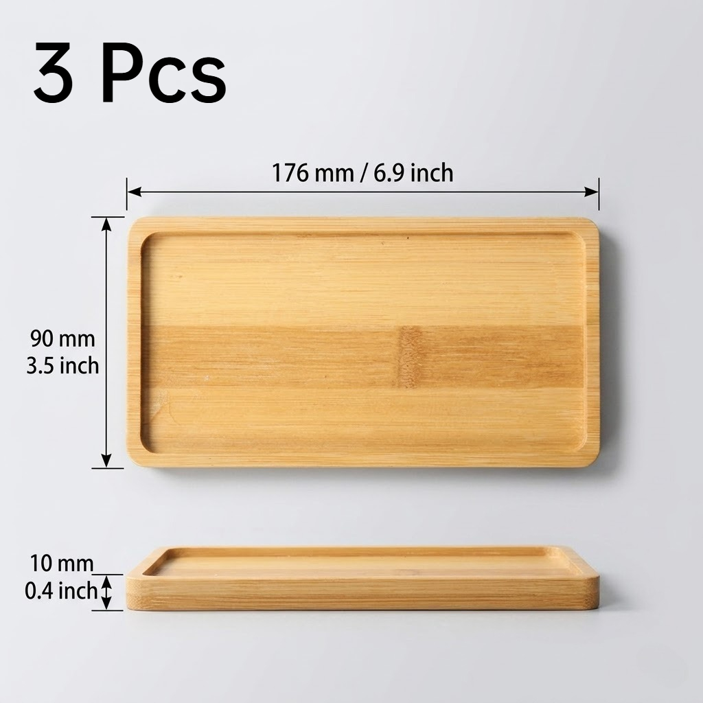 TEMU Set Of 3 Small Bamboo Trays, Bamboo Tray, Rectangular Plant Tray, Minimalist Succulent Planter Base, Rectangular Wooden Tray Coaster, Serving