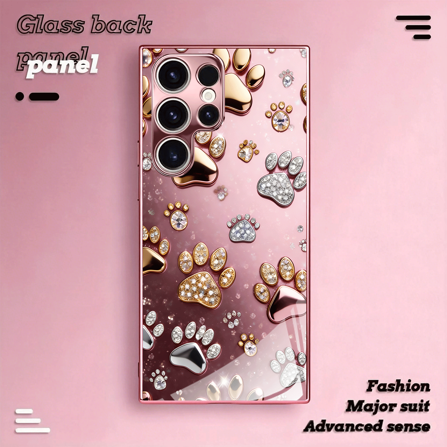TEMU Phone Case - 1pc Golden Paw Print Premium Pattern Electroplated Pink Tempered Glass Phone Case Suitable For Galaxy S25/s24/s23/s22/s21/s20/note