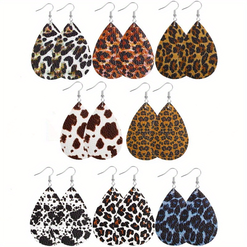 TEMU Boucles d'oreilles plates 2D, 8 paires en acrylique, texture animale, imprimé vache, imprimé léopard, boucles d'oreilles style rétro et facile,