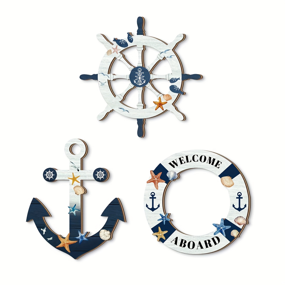 E-shop 3er-Set Mediterraner Stil Blau-Weiß Anker und Kombination Holz Retro Dekorative Plaketten und Schilder Geeignet für Bar Eingang, Raumdeko,