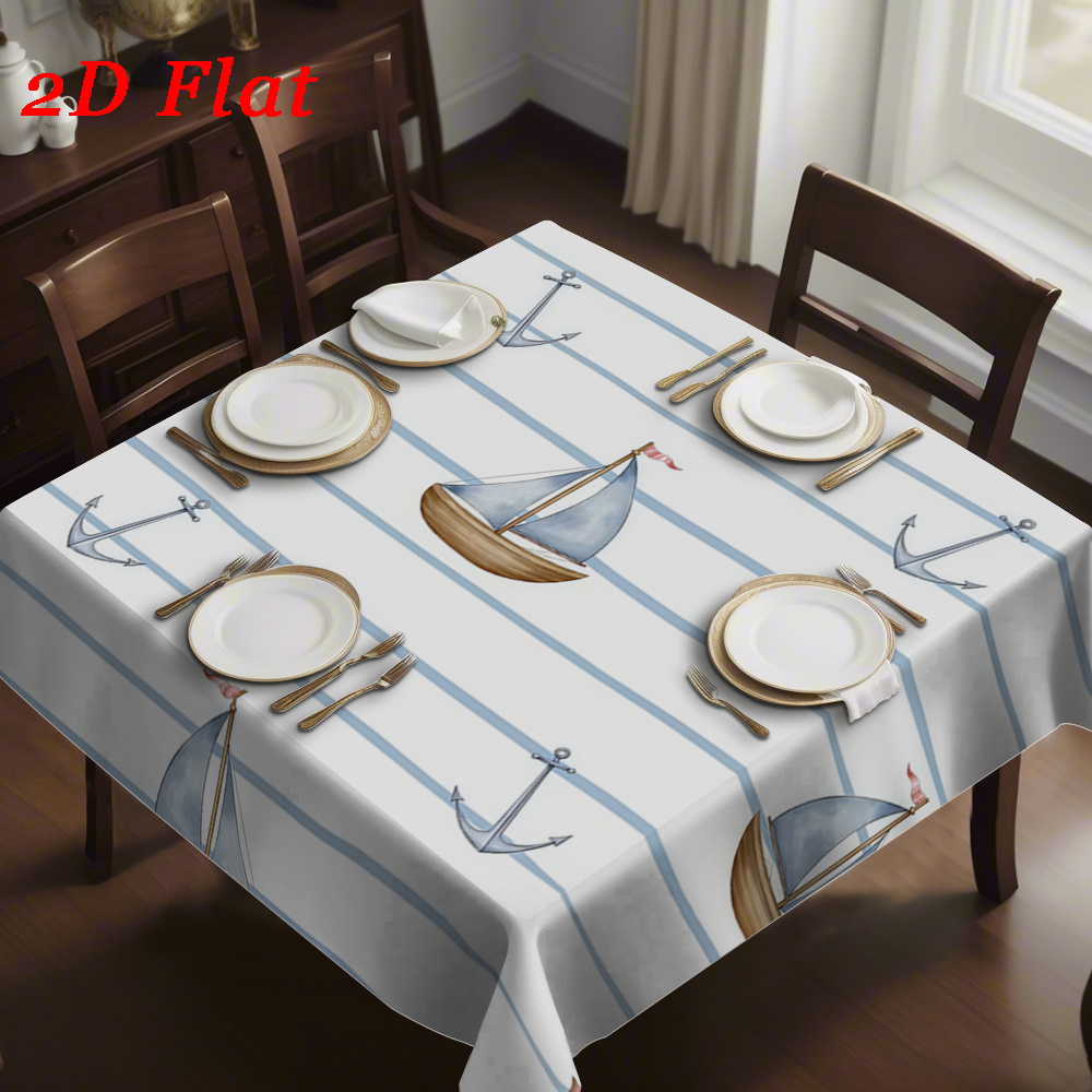 1개 2d 평면 블루 앤 화이트   해양 요소 수채화 스타일 프린트 사각 테이블보, 홈 다이닝룸, 거실, 주방, 호텔, 파티 장식용, 2d 평면