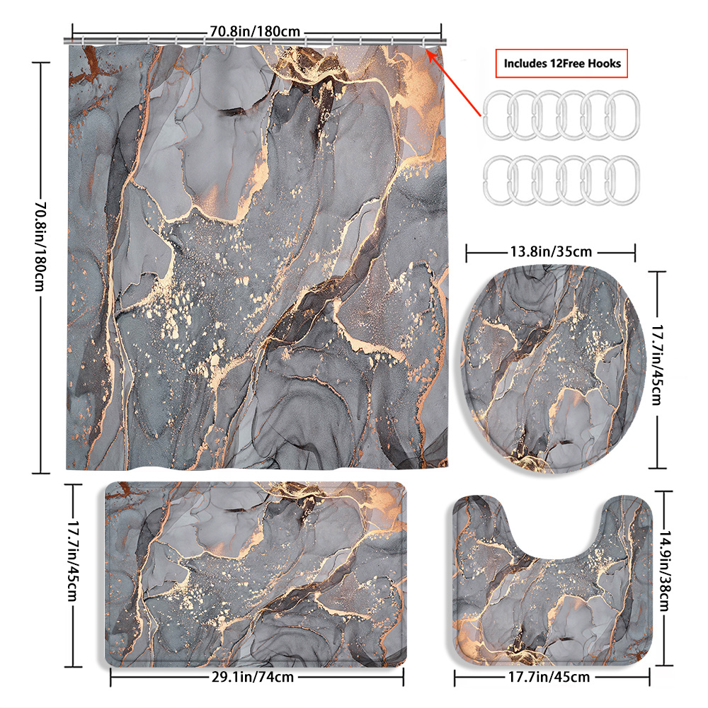 TEMU 4pcs Marble Curtain Shower Curtain Decoration, Beautiful Housewarming Gift Decoration, Waterproof Shower Curtain And Toilet Floor Mat Three-piece Set Comes With 12 Shower Curtain Hooks