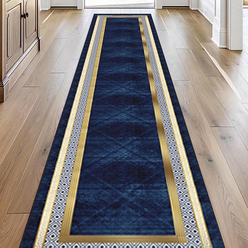 TEMU 1pc, Nordic Long Runner Rug, Flannel Material, Main Color Navy Blue, Rectangular Border Pattern, Machine Washable, Suitable For Entryway, Living